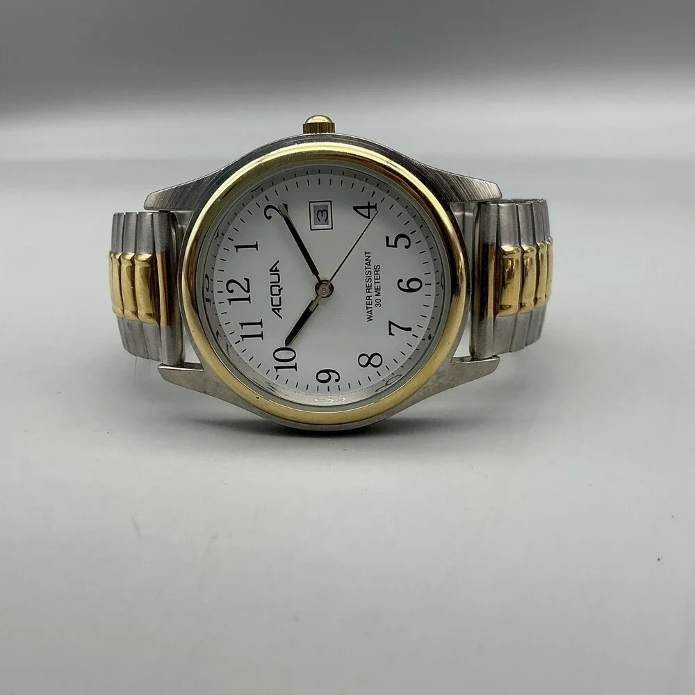Acqua Mens Watch 38mm White Dial Two Tone Expansion Band Date 30M New Battery